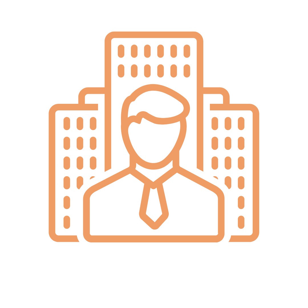 Icon showing a man wearing a tie in front of a city skyline