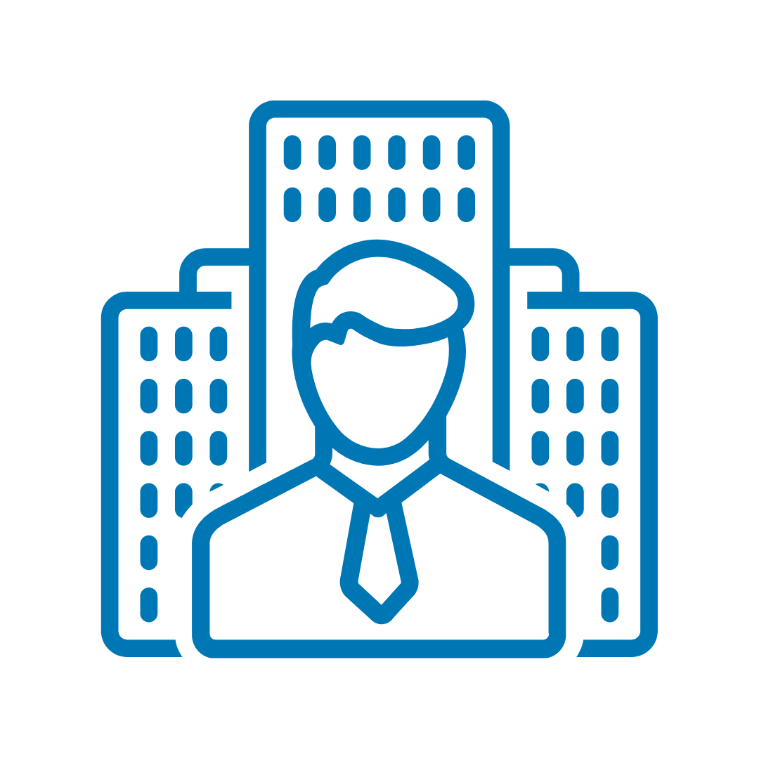 Blue icon showing a man wearing a tie standing in front of a city skyline